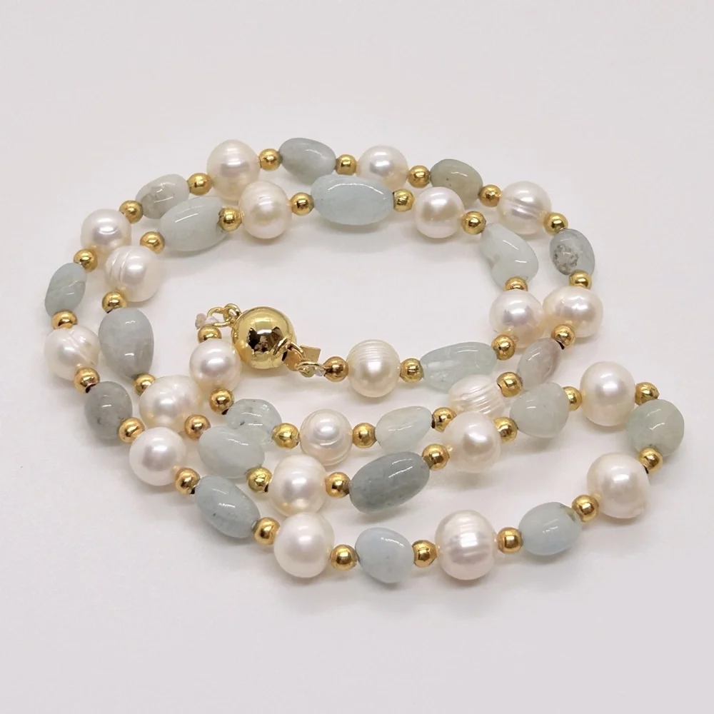 White Freshwater Pearl & Aquamarine Stones 18K GP Necklace & Bracelet Set